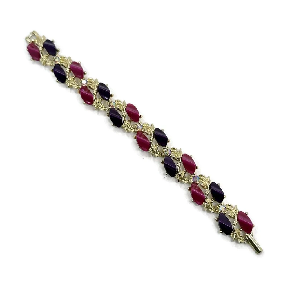 Vintage Thermoset Lucite Bracelet: Pink, Purple, AB Rhinestones, Gold Tone